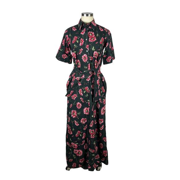 ADAM LIPPES Black Pink Floral Button Down Belted Shirt Dress‎ Midi Long Cotton